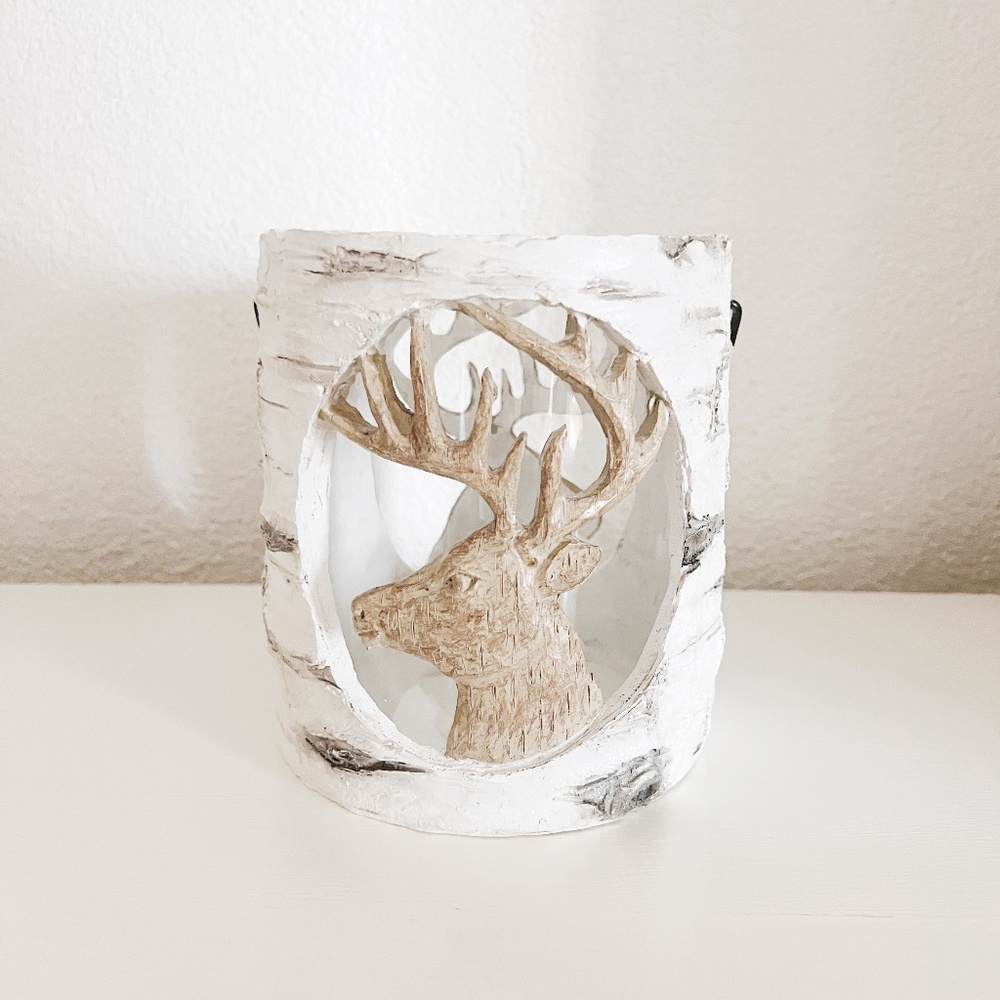 At Home White Grey Reindeer Candle Holder with Handle Winter/Christmas Decor